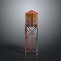 Vintage Water Tower with Red Roof Metal Frame and Ladder Structure