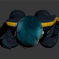 Sci Fi Alien Character With Blue Head Large Goggles Black Bodysuit Yellow Belt And Stripes