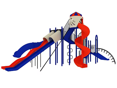 Colorful Playground Equipment With Red Blue Slides Ladders And Tower Structure 3d model