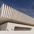 Modern Building Exterior With Striped Roof Design And Central Green Courtyard