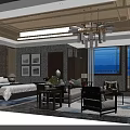 Traditional Chinese Style Hotel Room With Large Bed Sofa Chandelier Decorative Paintings And Area Rug