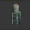 Vintage Metal Water Tower With Red Roof Red Stand And Blue Pipe