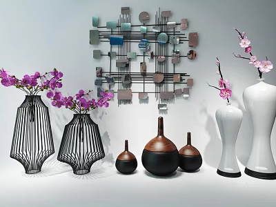 Assorted Black Wireframe Brown White Vases With Purple Orchids Pink Flowers And Geometric Wall Decor 3d model