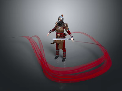 Man in Armor Standing and Holding a Sword with Red Flowing Ribbons 3d model