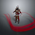 Man in Armor Standing and Holding a Sword with Red Flowing Ribbons