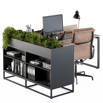 Modern Office Desk and Chair Combination Modern Office Desk and Chair Combination Table Lamp Computer Green Planting Shelf Leisure Chair Armchair Swivel Chair 3d model