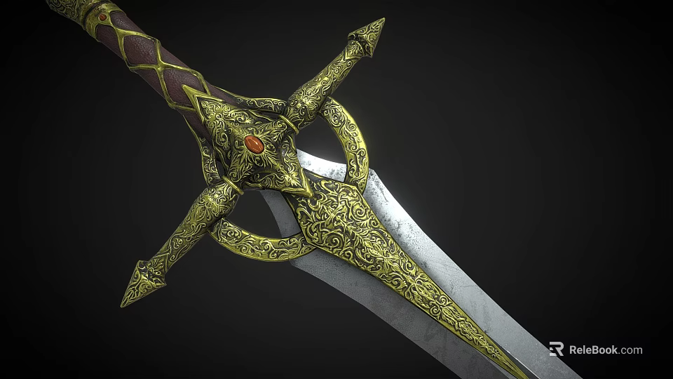 Ornate Medieval Sword With Golden Decorations Red Gemstone And Silver Blade 3d model 