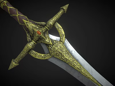 Ornate Medieval Sword With Golden Decorations Red Gemstone And Silver Blade 3d model