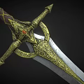 Ornate Medieval Sword With Golden Decorations Red Gemstone And Silver Blade