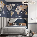 Cozy Kids Room Interior With World Map Wall Blue Bed White Chandelier And Bookshelf