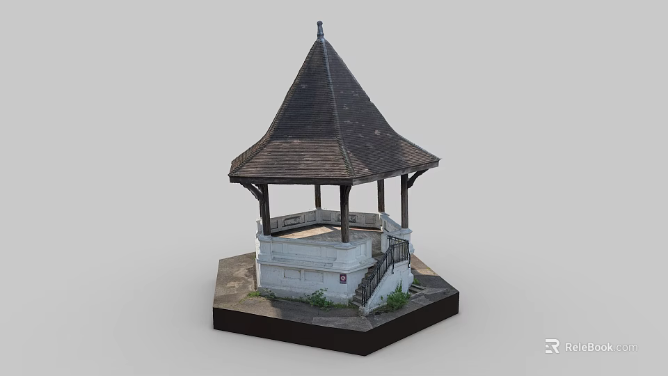 Traditional Wooden Pavilion Model With Pyramidal Roof Hexagonal Base And Stone Steps 3d model 