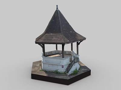 Traditional Wooden Pavilion Model With Pyramidal Roof Hexagonal Base And Stone Steps 3d model