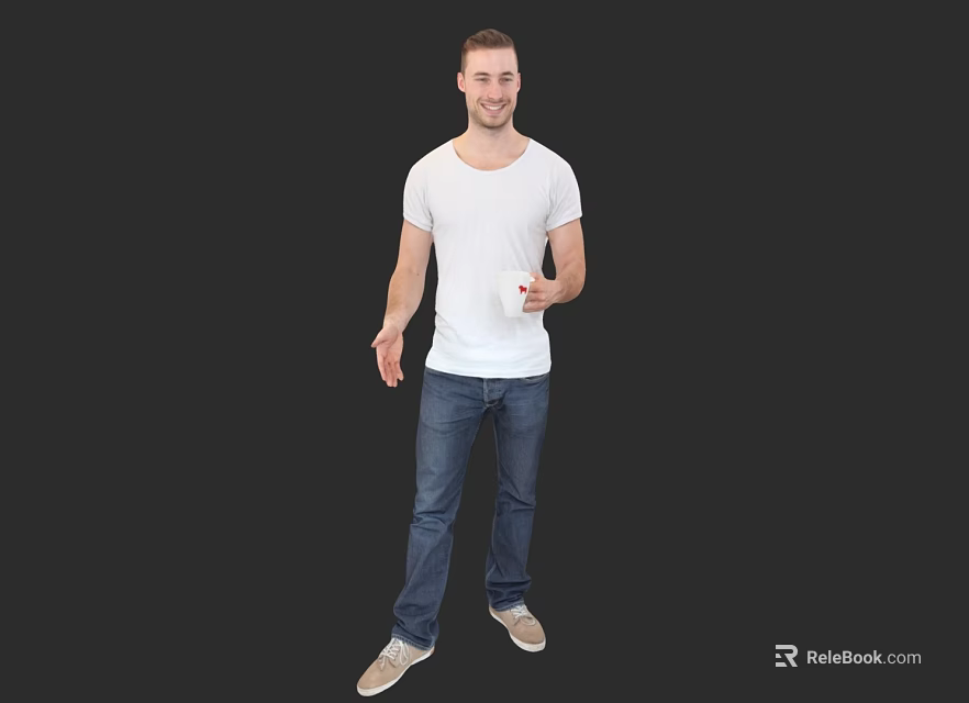 Man in white T-shirt and blue jeans standing with white cup against black background 3d model 