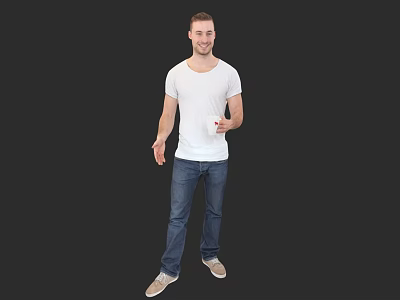 Man in white T-shirt and blue jeans standing with white cup against black background 3d model