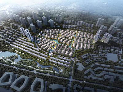 Well Planned Residential Buildings Aerial View With Greenery And Water Features 3d model