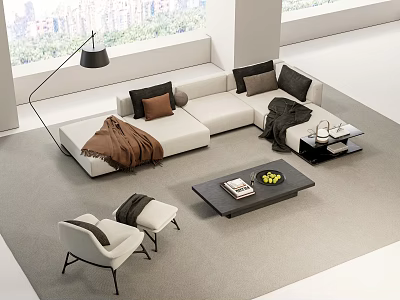 White L Shaped Sofa With Cushions Brown Blanket And Black Coffee Table With Fruit Book 3d model