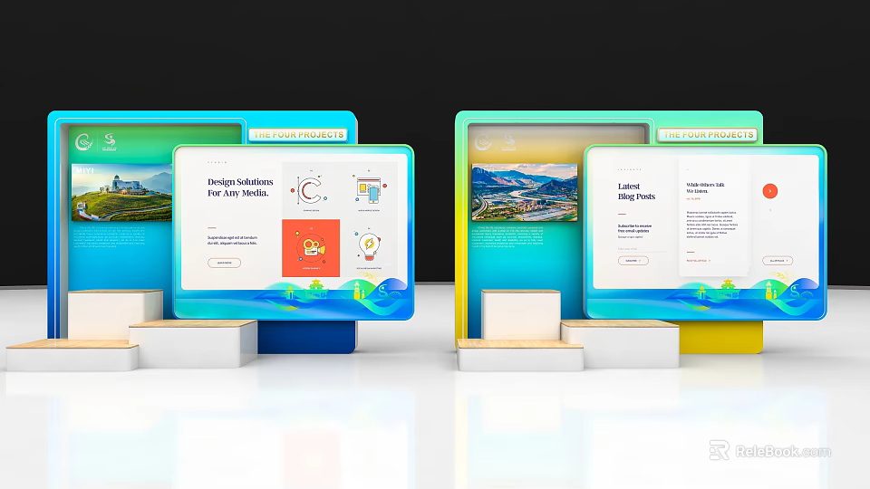 Advanced Commercial Display Equipment With Multiple Digital Screens Showing Design Content Charts And 3d model 