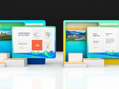 Advanced Commercial Display Equipment With Multiple Digital Screens Showing Design Content Charts And 3d model