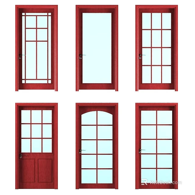 Red Casement Windows With Various Pane Designs For Home Interior 3d model