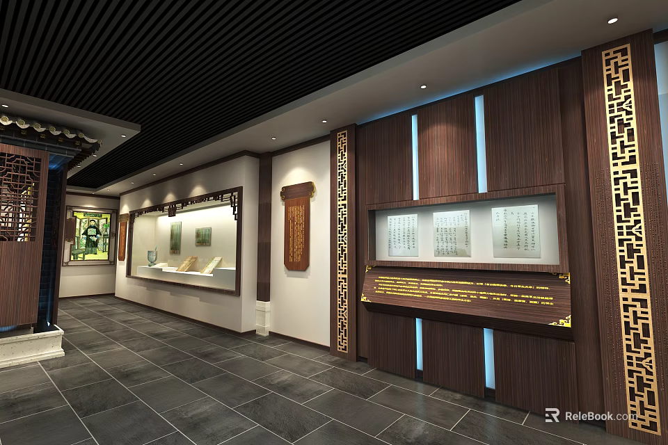 Traditional Chinese Exhibition Hall Interior With Wooden Decorations Display Cabinets And Lighting 3d model 