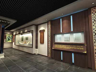 Traditional Chinese Exhibition Hall Interior With Wooden Decorations Display Cabinets And Lighting 3d model