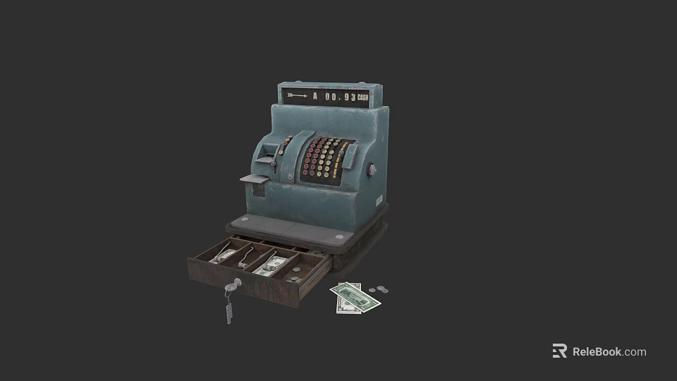 Old Fashioned File Cabinet Open Drawer With Cash Keys And Scattered Bills 3d model 