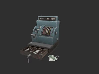 Old Fashioned File Cabinet Open Drawer With Cash Keys And Scattered Bills 3d model
