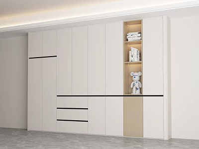 Modern Bookcase Interior With White Cabinets Open Shelf Black Accent Lines And Stuffed Bear 3d model