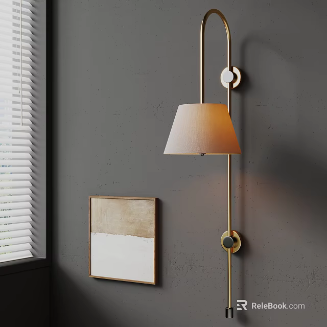 Modern Wall Lamp With Linen Shade Mounted On Gray Wall And Artwork Near Window Blinds 3d model 