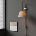 Modern Wall Lamp With Linen Shade Mounted On Gray Wall And Artwork Near Window Blinds