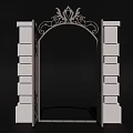 Wrought Iron Gate With Ornate Carvings Arched Frame And Stone Pillars