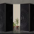 Ornate Folding Doors With Sunburst Patterns Vertical Slats And Potted Plants In Modern Interior