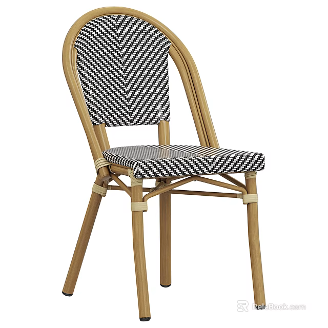 Light Wooden Frame Leisure Chair Featuring Woven Black and White Herringbone Seat and Backrest 3d model 