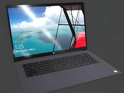 Gray Laptop With Screen Showing Ocean View Clouds And Black Keyboard 3d model