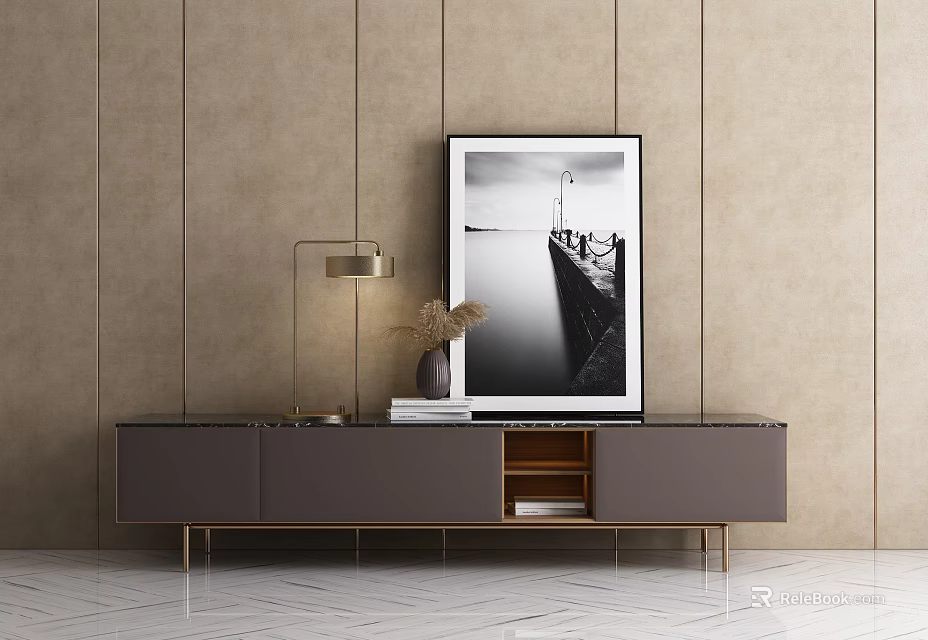 Modern Gray TV Stand with Gold Floor Lamp Black White Painting and Decorative Items 3d model 