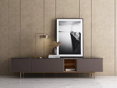 Modern Gray TV Stand with Gold Floor Lamp Black White Painting and Decorative Items 3d model