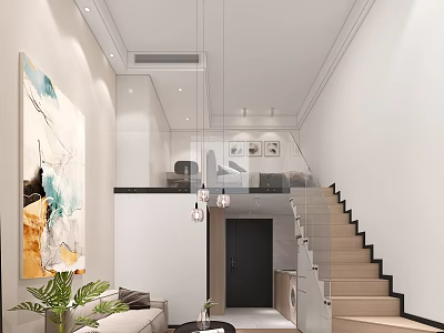 Modern Loft Apartment Interior With Staircase Art And Living Area 3d model