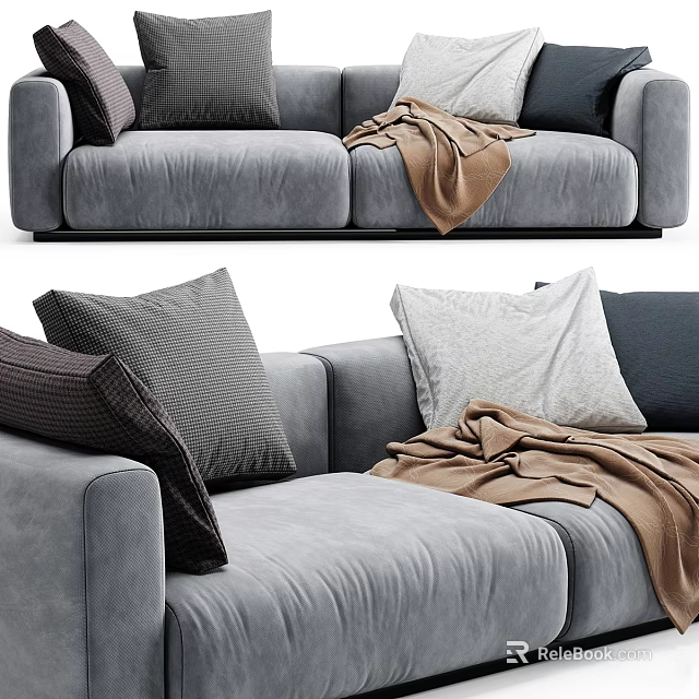Cozy Gray Three Seater Sofa With Plush Cushions And Brown Throw Blanket 3d model 
