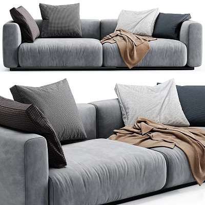 Cozy Gray Three Seater Sofa With Plush Cushions And Brown Throw Blanket 3d model