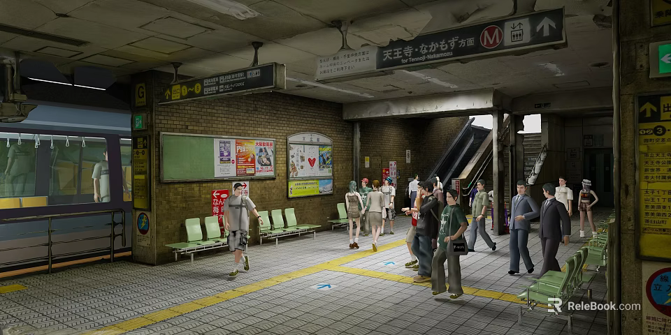 Busy Subway Station Interior With Seats Advertising Boards Escalator And People Walking 3d model 