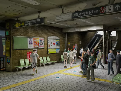 Busy Subway Station Interior With Seats Advertising Boards Escalator And People Walking 3d model