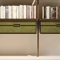 Modern Bookcase Interior Design With Multilayer Shelves Books Photo Frames And Green Drawers