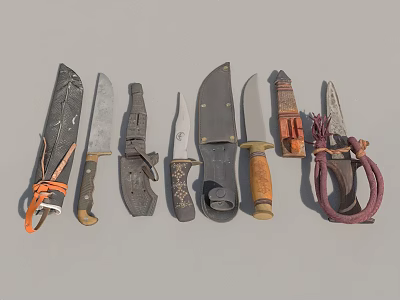 Assorted Utility Knives With Leather Sheaths And Wooden Handles Varied Designs For Daily Use 3d model