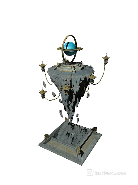 Cartoon Scene Fantasy Floating Rock Structure With Blue Sphere Golden Ring And Hanging Lanterns 3d model 