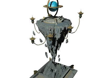 Cartoon Scene Fantasy Floating Rock Structure With Blue Sphere Golden Ring And Hanging Lanterns 3d model