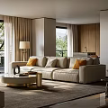 Modern Living Room Interior With Beige Sofa Orange Cushions Floor Lamp And Round Coffee Table