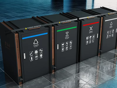 Public Facilities Recycling Waste Bins With Color Coded Classification And Icons 3d model Public Facilities Recycling Waste Bins With Color Coded Classification And Icons 3d model