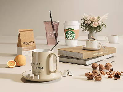 Elegant Decorative Ornament Set With Starbucks Cup Fresh Baking Bag Flowers Vase Books And Mug 3d model