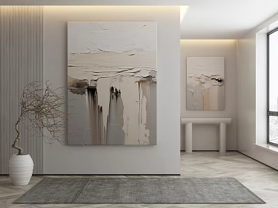 Modern Interior Decor Featuring Large Abstract Painting Smaller Artwork Vase And Gray Rug 3d model