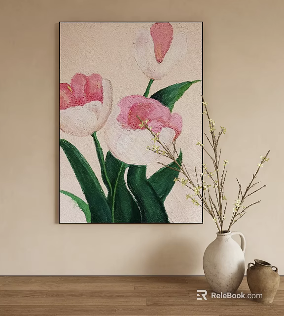 Abstract Painting of Pink and White Tulips with Green Leaves on Beige Background 3d model 